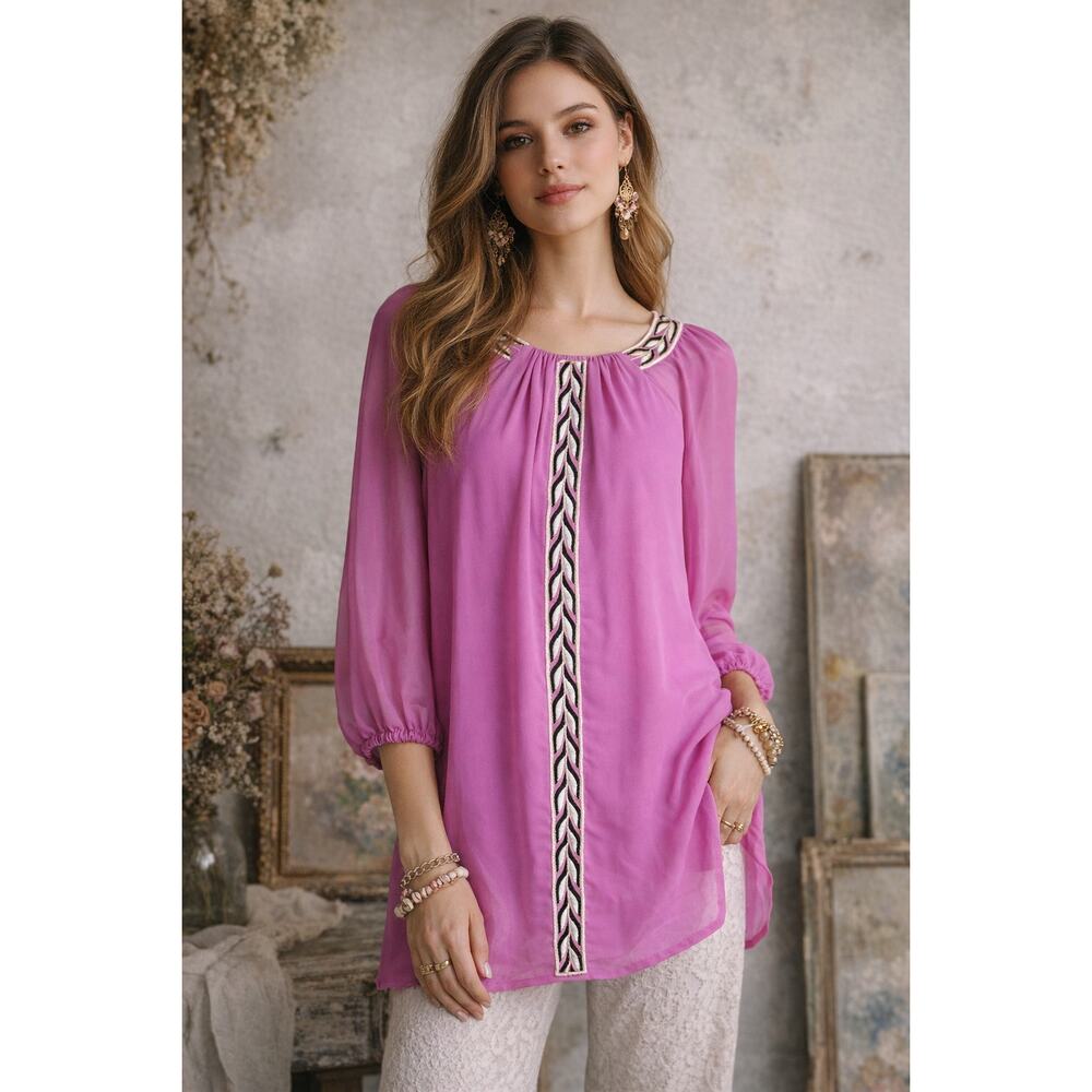 Bob Mackie Wearable Art Blouse Small Pink Purple Embroidered Tunic Artsy Chic